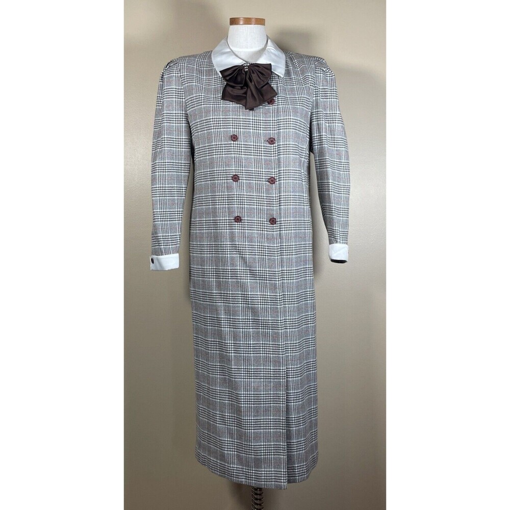 Vintage 80s  Plaid Dress Double Breasted Big Bow Contrast Collar C-38.5" Midi - Picture 2 of 16